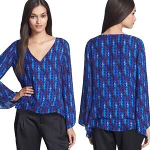 Parker Rita Blue Silk Patterned V-Neck Layered Blouse Size Small